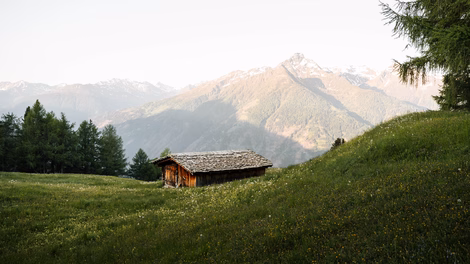 Eine Almhütte inmitten von Bergwiesen mit Blick auf die umliegenden Dreitausender beim Naturhotel Outside in Matrei in Osttirol.